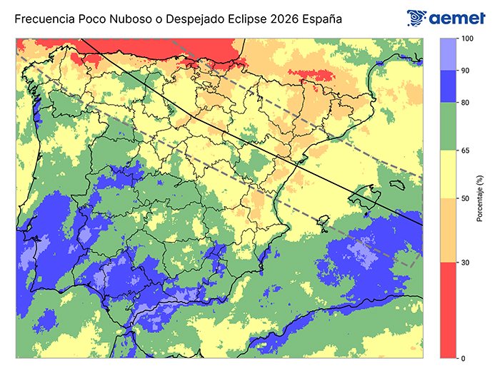 AEMET analiza la probabilidad de cielos despejados para el eclipse solar de 2026